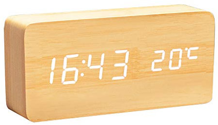 Lancoon HöLzerne Digitaluhr Multifunktions Led Wecker Mit Uhrzeit/Datum/Temperaturanzeige Und Sprachsteuerung Für Home Office Reisen AC11Yellow_White