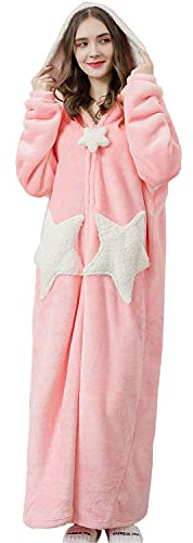 Sacebeleu Bademantel Damen Flanell Rosa Lang Morgenmantel mit Kapuze Reißverschluss Stern Nachtwäsche Flanell Paar Set Hausmantel Herren Weich Hausmantel Pulloverdecke Pyjama Unisex Pink XL