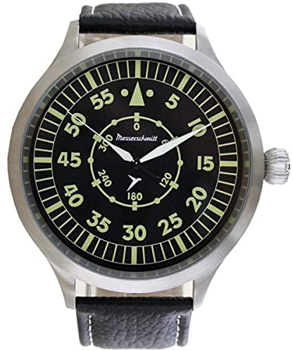 Messerschmitt Aristo Fliegeruhr Triple X - Edelstahlgehäuse Ø 65mm mit schwarzem Lederarmband - automatisches Uhrwerk mit floureszierenden Zeigern - Made in Germany