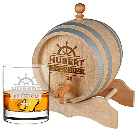 2-TLG Whisky Geschenkset personalisiert - Holzfass 3 L mit Zapfhahn, Whiskyglas 320 ml - Geburtstag, Weihnachten - Männergeschenk - für Spirituosen - Scotch, Bourbon, Whiskey - Motiv Steuerrad