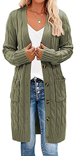 Earnmore Långärmad kabelstickad lång cardigan för kvinnor med öppen framsida, tröja ytterkläder, Armégrön, XL