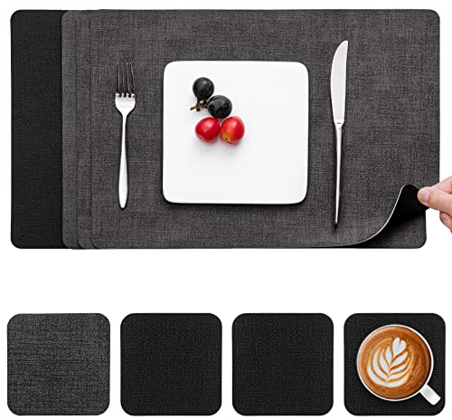 Myir JUN Tovagliette Americane e Sottobicchieri Set di 4, Tovagliette Americana Plastica Lavabili Tovagliette Colazione in Pelle Tovaglietta Antiscivolo Impermeabile (Grigio Nero, Set di 4)