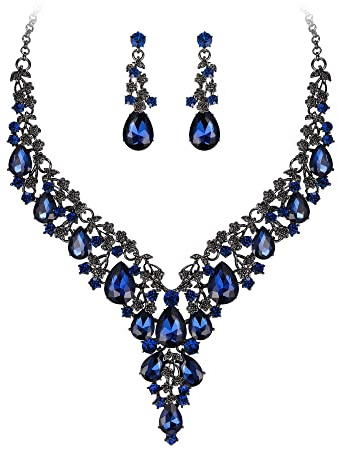 Clearine Juegos de Joyas de Mujer Boda Nupcial Joyería Conjunto Lágrima Strass Racimo Declaración Collar Pendientes Colgantes Bisutería,Color Azul Negro-Tono