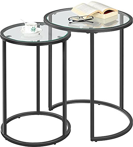 Yaheetech Satztische rund, 2er Set Beistelltisch, Couchtisch Glas, für Wohnzimmer, modernes Design, Metallgestell Schwarz, 49,5 x 49,5 x 59 cm