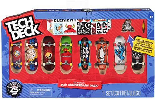 Tech Deck - 25th Anniversary Pack, 8er-Set mit Finger-Skateboards der coolsten Skate-Marken der letzten 25 Jahre, Zubehör: Dude Skater-Sammelfigur, Sticker-Sets der enthaltenen Marken, ab 6 Jahren