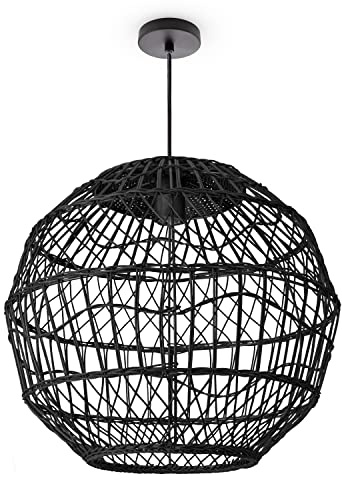 Paco Home Pendelleuchte Wohnzimmer Boho Korbleuchten Pendellampe Rattan Hängeleuchte Esszimmer Lampe Papier E27, Lampenart:Pendelleuchte - Typ 6, Farbe:Schwarz (Ø40cm)