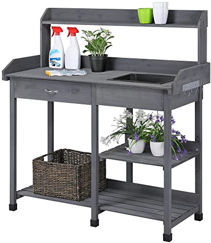 Yaheetech Pflanztisch mit Waschbecken, Blumentisch Gärtnertisch Holzpflanztisch mit Schubladen & Verstellbaren Ablagefläche & Haken, aus Wetterfest Holz für Terrasse Garten, Grau
