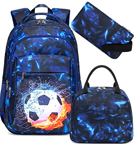 LEDAOU Boys Backpack with Lunch Box, 3-Piece Soccer School Bookbag Set