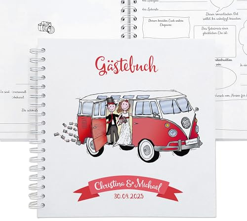 Gästebuch Bulli Hochzeit personalisiert, Hochzeitsgästebuch mit VW Bulli Camper, Hochzeitsbuch mit vorgdruckte Fragen zum Ausfüllen, Ringbuch 25x25 cm, Feenstaub