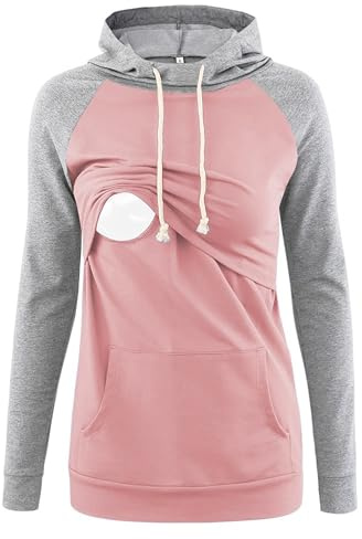 Love2Mi Pull à capuche d'allaitement pour femme - Manches longues, A-rose/gris, M