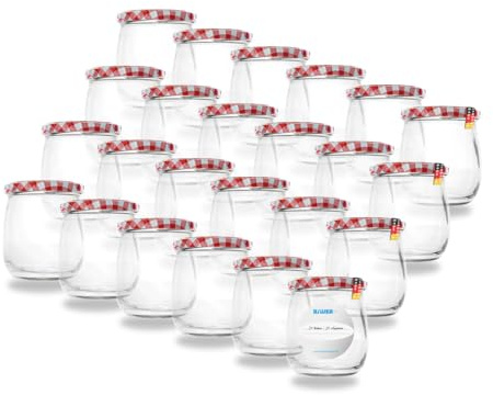 Flaschenbauer - 24x Einmachgläser 417ml - Konservengläser mit TO82 Twist-Off Deckel, inkl. Etiketten - Marmeladengläser, mit Schraubdeckel, Schraubgläser, Joghurtgläser (Rot/Weiß) - Made in Germany