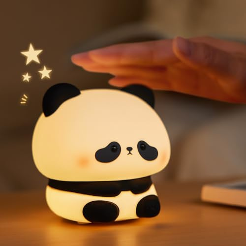 URAQT Silikon Nachtlicht Kinder,Panda Led Nachttischlampe USB-Aufladung und Timing Funktion 1200mAh Kawaii Nachtlicht Baby mit Touch Schalter und 3 Stufige Helligkeitseinstellung Handyhalter Licht