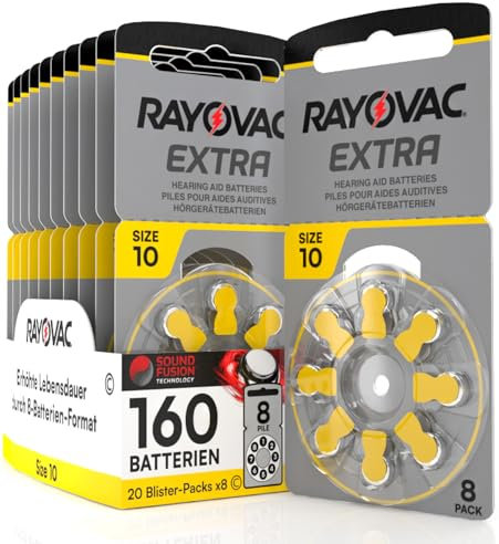 160 Hearing Aid Batteries Size 10 Rayovac Extra PR70 Yellow - 20 Blisters of 8 Batteries
