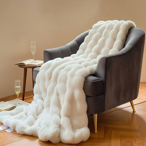 Kuscheldecke Kaninchen Plüsch Decke Kunstfell Warme Überwurfdecke Sofadecke Vielseitig Blanket für Couch Bett Sofa (Weiß, 160 * 200cm)