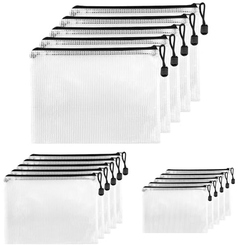 Fousenuk 15 Pcs Dokumententasche mit Reißverschluss A4A5A6, Wasserdichte | Document Case, Mesh Plastic Zip Bag, Reißverschlusstasche, Zipper Pockets für Datei,Papier, Quittungen, Kosmetika, Schwarz