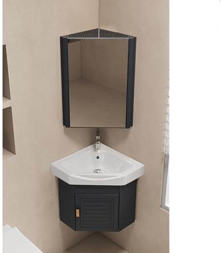 VSTQNXR Waschtisch - Bad, Schwarz, 38cm, Eck-Wandmontage, Spiegelschrank, Keramikwaschbecken, Hochwertiges Aluminium, Platzsparendes Design