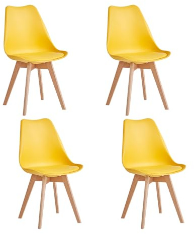 JZGORC Set di 4 Sedie da Pranzo Moderne, Sedie da Cucina con Cuscini Imbottiti e Gambe in Legno di Faggio, Adatte per Camera da Letto, Soggiorno, Sala da Pranzo, Cucina - Giallo