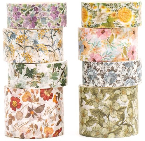 Songdao 8 rollos Washi Tape Set, Cinta Vintage Adhesivo Decorativo Obra de Arte Inspirada Hoja de Oro Masking Tapes para Artes, Bullet Journal, Scrapbooking, Bricolaje (Flowers & Plants)