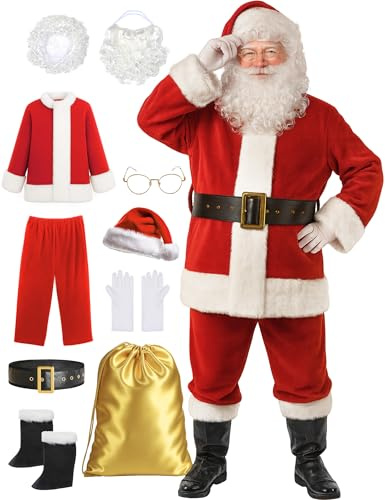 Yeenuo Santa Claus Costume for Men Deluxe Adult Santa Suit Professional Red Christmas Cosplay Outfit 10PCS Set
