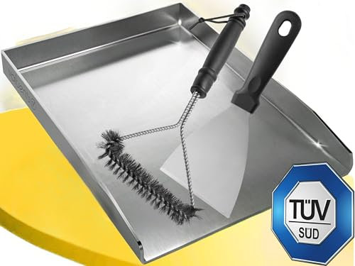 Valuents Piastra Per barbecue Plancha in Acciaio Inox Spesso e Inossidabile, 20 x 40 cm, Adatta per Barbecue a Gas e a Carbone + PLUS: Spazzola e Spatola