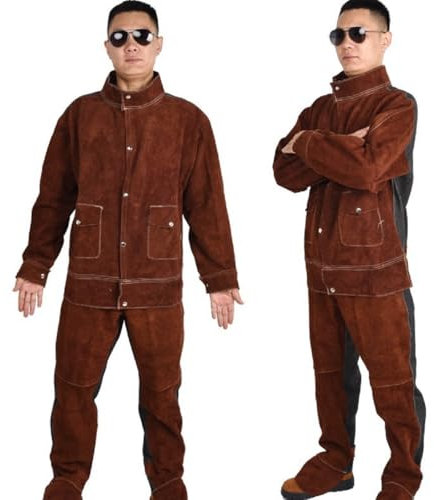 BIRJXVTO Overalls Rindsleder Schweißanzug Denim Atmungsaktive Schweißer Schutzanzug,Braun,XL