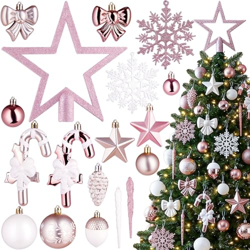 BRUBAKER 101 Stück Premium Christbaumschmuck - Weihnachtskugel Set | mit Glitzer Kugeln, Schneeflocken, Schleifen, Eiszapfen, Eicheln, Sternen und Baumspitze - Baumkugel Baumschmuck - Roségold