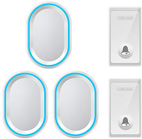 Sonnette sans fil, carillon de porte étanche IP44, 2 boutons poussoirs et 3 récepteurs enfichables avec lumière flash bleue, 4 niveaux de volume réglables, 58 mélodies, convient pour la maison(2