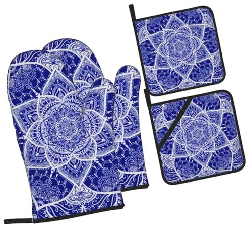 Guanti Da Forno E Presine Da Cucina Set, Blue And White Mandala Guanti Da Barbecue Morbida Guanti Da Cucina Professionale Presine Da Cucina Per Microonde Cucinare Cucina