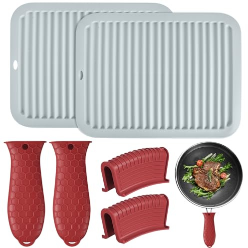 Set da cucina in silicone, 6 pezzi, 2 manicotti per maniglie, 2 presine, 2 maniglie di assistenza, set per cucina, soggiorno (rosso)