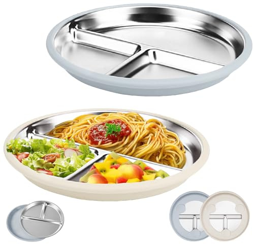 LUKIUP 2 Stück Edelstahl Baby Teller mit Saugnapf,Kindergeschirr Edelstahl，Unzerbrechliches Baby Geschirrset, Kinder Teller, BPA-frei Und Spülmaschinenfest（Graubeige）