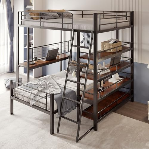 Hochbett mit Stauraum und flexiblem Aufbau, Metallrahmen mit Ablageflächen, multifunktionales Etagenbett für Schlafzimmer, modernes Design, teilbar in Zwei Einzelbetten