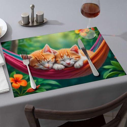 Tovagliette all'americana con due simpatici gattini che dormono su un'amaca, tovaglietta occidentale lavabile (1 pezzo)