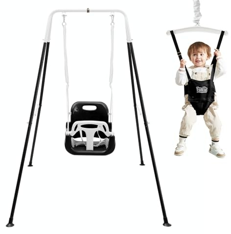 FUNLIO balançoire 2 en 1 pour bébé avec Sièges sauteurs Suspendus, pour Enfants avec 4 Sacs de Sable, Support en métal Pliable en intérieur/extérieur pour Porte, Facile à Assembler - Noire