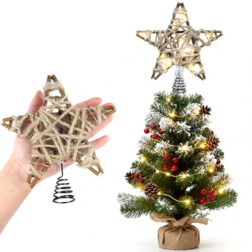 Joytry Weihnachtsbaumspitze Rustikale Weihnachtsbaumspitze Stern 6 Zoll, Batteriebetriebener Beleuchteter Jute-Rattan-Stern,Warmweißes Licht Weihnachtsbaumdekoration für Kleine Tisch-Weihnachtsbäume