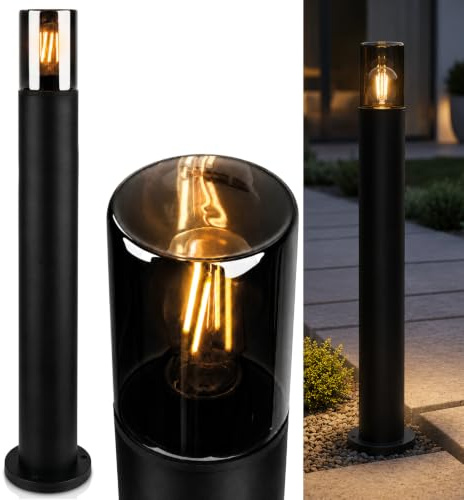 Lumiled Wegeleuchte Außen Pollerleuchte Stehlampe 80cm Schwarz Rauchglas IP54 E27 Fassung max 13W Gartenleuchte spritzwasserdicht Außenstehleuchte Außenbeleuchtung