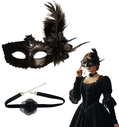 Spitze Maske Schwarz Spitzenhalskette, Venezianische Maske Damen, Maske Gesicht Verkleidung, Schwarz Sexy Lace Augenmaske für Frauen, Augenmaske für Halloween Karneval Abendkleid Tanz Ball Party