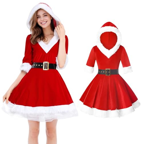 Solorass Traje Mama Noel para Mujer Disfraz de Papa Noel, Vestido Mama Noel Mujer con Capucha Terciopelo Roj, Traje de Papá Noel para Fiesta, Cosplay (M)