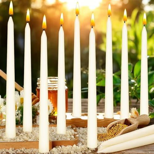 12 Pack Beeswax Candles, 25 cm White Taper Candles,10-Hour Burn Time | 100% Pure Beeswax, Dripless Smokeless Tapered Candlesticks for Home, Events, Emergency and Relaxation