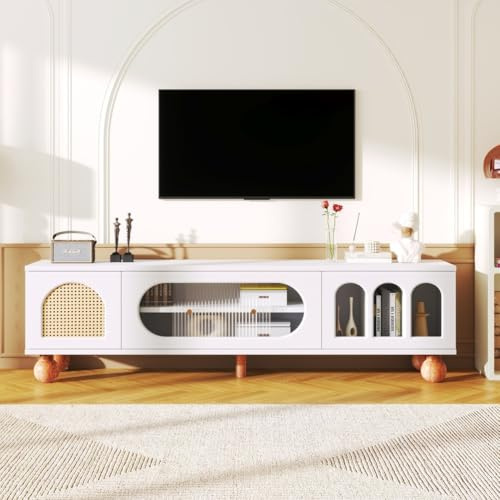 Generisch Meuble TV avec porte à effet rotin, porte coulissante en verre, trois espaces ouverts en arc, buffet bas avec poignées dorées et pieds en bois massif