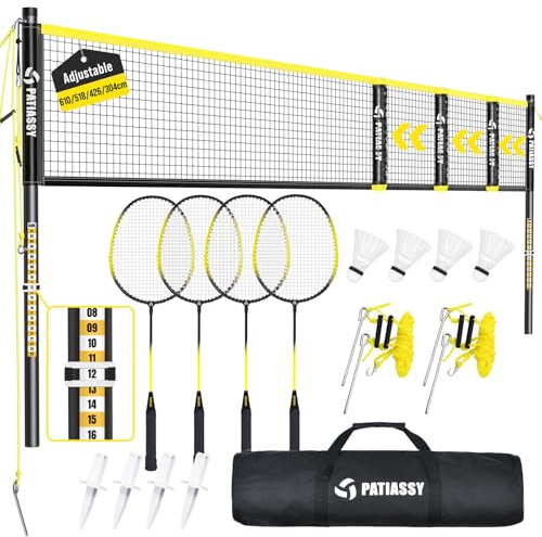 Rete da badminton portatile, rete per volani da giardino, regolabile in 3 posizioni, 6/5,1/4,2 m, con 4 racchette da badminton, 3 supporti e borsa per il trasporto per interni ed esterni