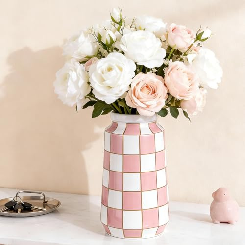 Black and White Ceramic Vase, Mid Century Modern Checkered Vases for Flower&Pampas Grass Centerpiece, Black White Checkered Vase for Dining Table Kitchen Tabletop Minimalist Decorative (Pink)