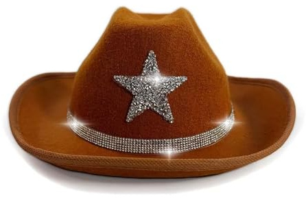 Cowboy Hut Glitzernder Kinder Cowboyhut mit funkelnden Sternen mit Kinnriemen Lederband breite Krempe für Westernpartys Festivals Sonnenschutz für Outdoor Abenteuer Musikkonzerte (Brown, 4-10 Years)