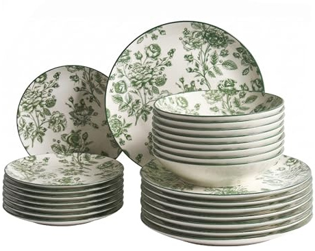 Geschirrset 24-teilig Porzellan grün Blumenmuster Vintage für 8 Personen Basil