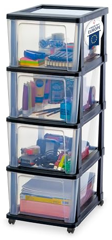 Iris Ohyama, Rollcontainer Kunststoff auf Rollen, 4 Grosse Schubladen, Schwarz, Leichtes Öffnen, Aufbewahrung, für Schreibtisch, Garage, Organizer, Schrank, BPA-frei, KMC-304 | Schreibtischständer und Organizer auf Rollen. Eine perfekte Aufbewahrungseinheit als Arbeitsplatz