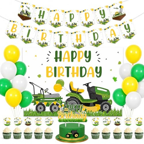 Kreatwow Lawn Mower Birthday Decorations, Green Tractor Party Banner Backdrop with Balloons, Cake & Cupcake Toppers, Farm Theme Birthday Decor for 1st 2nd Party Setup