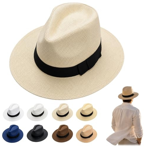 DzaiCrkwd Panama Hat for Men Summer Hats, Adjustable Summer Panama Fedora Wide Brim, Classic for Men and Women for Holiday Travel Outdoor