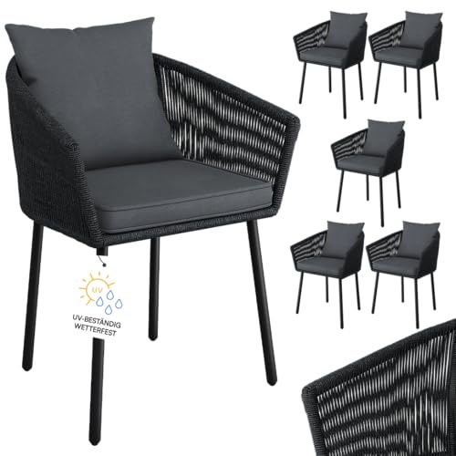 STEELSØN Nair Gartenstühle 6er Set, Schwarz, Rattan, Kissen, bis 160 kg