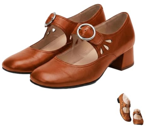 Dam Mary Jane tjocka klackskor vintage rund tå lågklackade pumpar, Brun, 39.5 EU