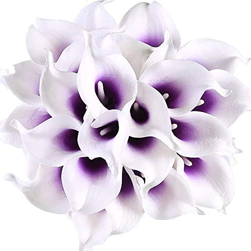 Veryhome 20 Pcs Calla Lily Bridal Bouquet of Flowers Artificial Flower Head Latex Real Touch Home,Party,Wedding Decoration (White-Purple)