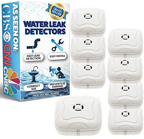 8 Pack Water Leak Detector - 95 dB Flood Detection Alarm Sensor for Bathrooms, Basements, Laundry Rooms, Garages, Attics and Kitchens by Mindful Design (White)